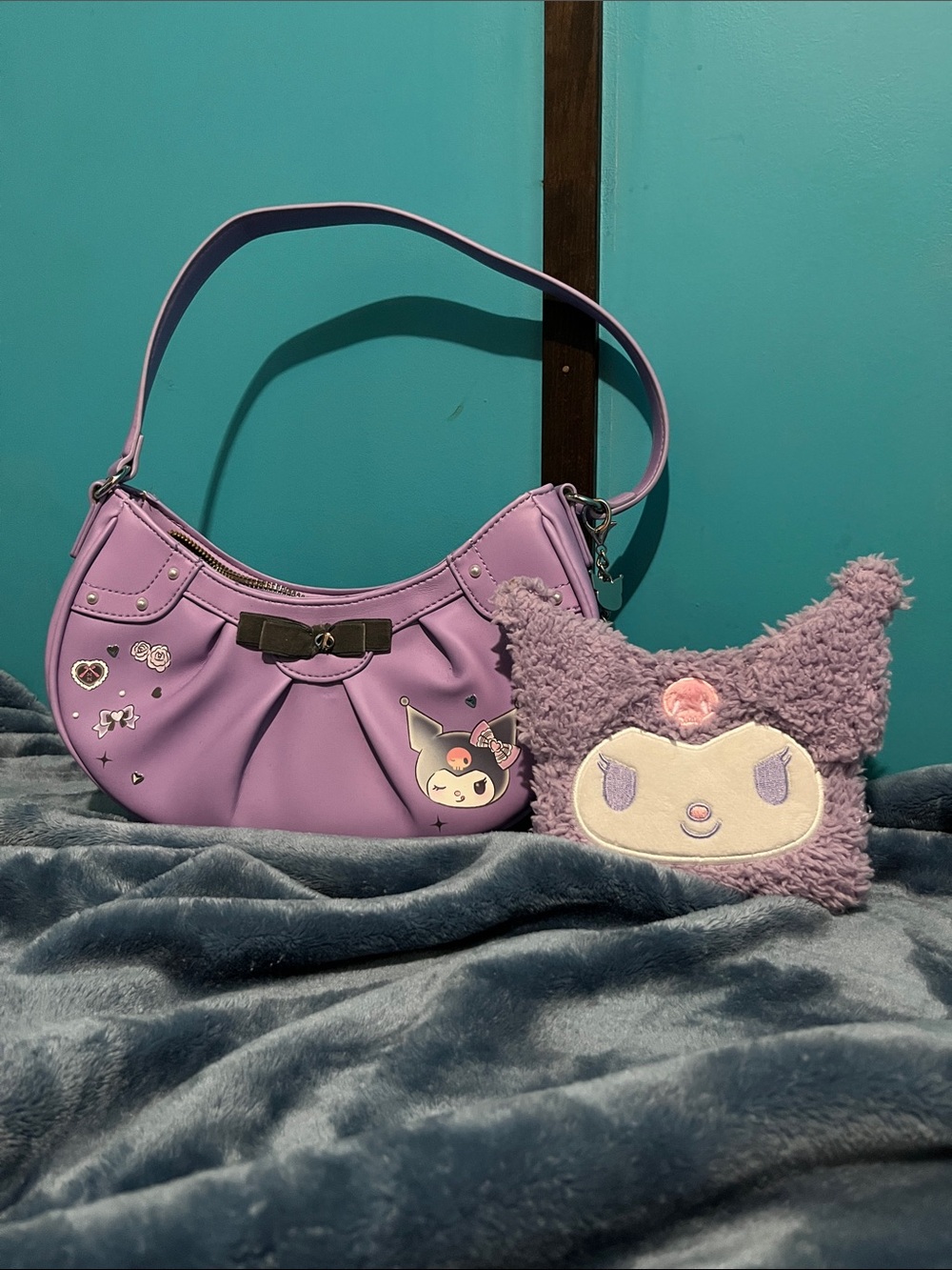 Her Universe Kuromi Shoulder Bag with Mirror Key Chain and Fuzzy Mini Wallet